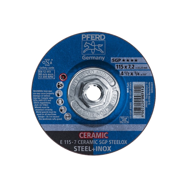 Pferd Grinding Wheel, T27, 4-1/2"x1/4", Type 27, 4-1/2 in Dia, 1/4 in Thick, 5/8 in-11 Arbor Hole Size 60063 - main